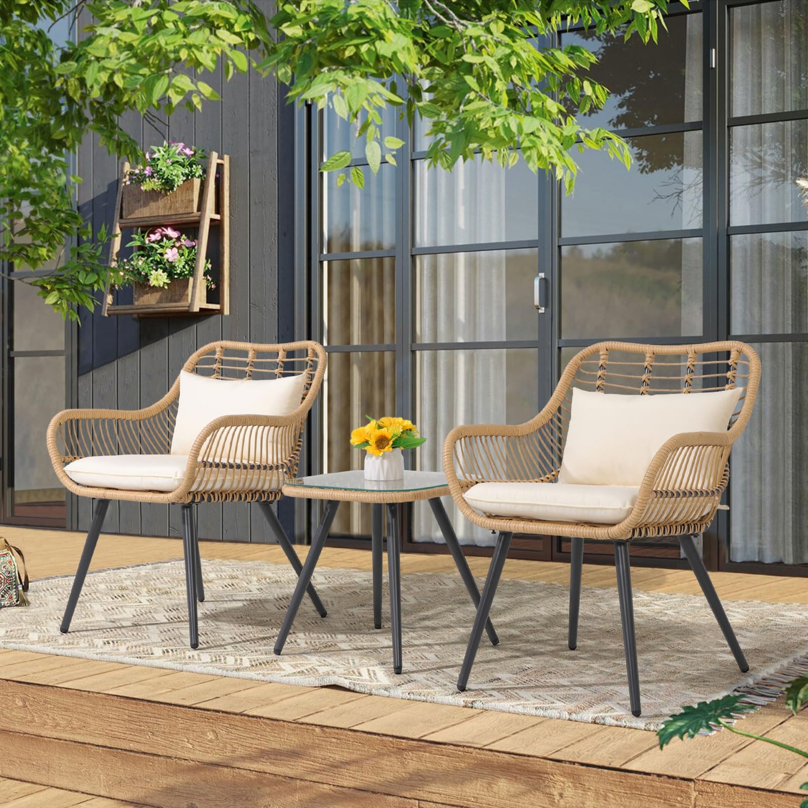 JOIVI 3 Piece Outdoor Wicker Conversation Bistro Set, Patio Furniture Rattan Chairs and Square Side Table Set for Porch, Balcony, Poolside, Yard, White Cushion