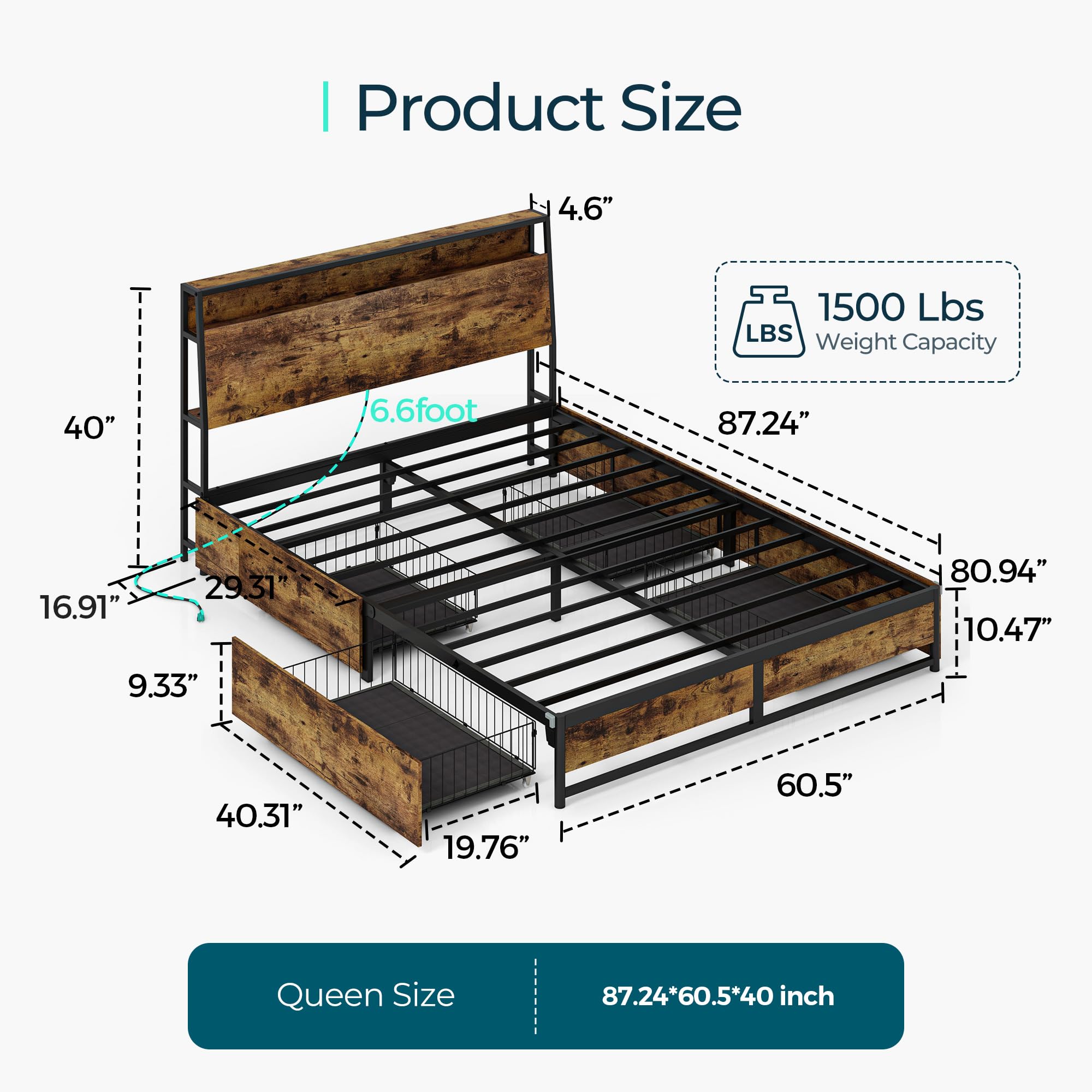 LINSY Queen Bed Frame with RGB Lights, 4 Drawers, Headboard and Fast Charger - Rustic Brown, Easy Assembly with Storage, No Box Spring Needed