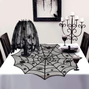 5Pack Halloween Decorations Indoor Halloween Decor Black Lace Table Runner Fireplace Mantel Scarf Round Tablecloth Cobweb Lampshade with 32 Pcs 3D Bat Wall Stickers