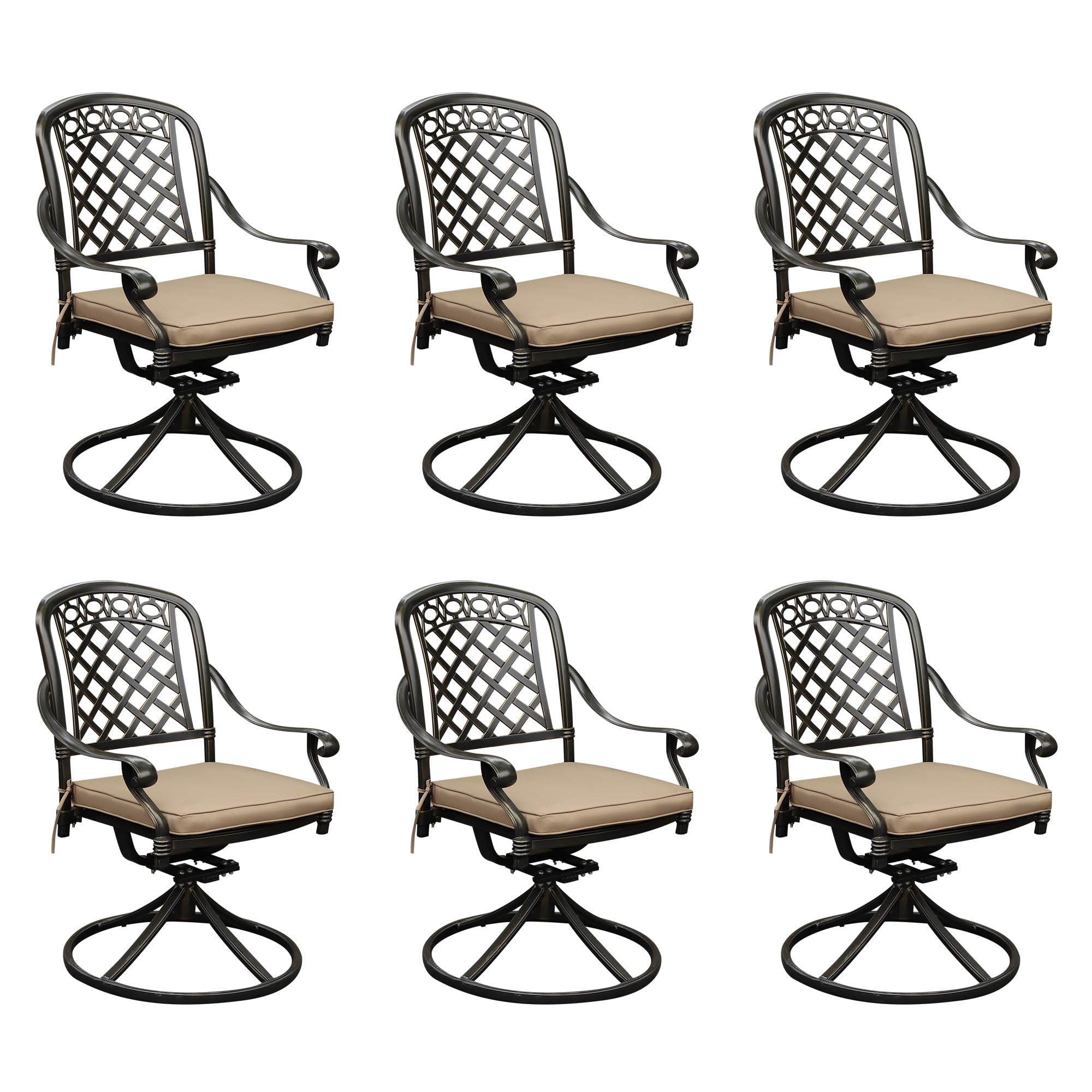 Sumshadow 6 Piece Cast Aluminum Outdoor Swivel Dining Chairs, All-Weather Patio Swivel Rocker Chair Sets with Cushion for Garden, Backyard, Poolside, Bistro