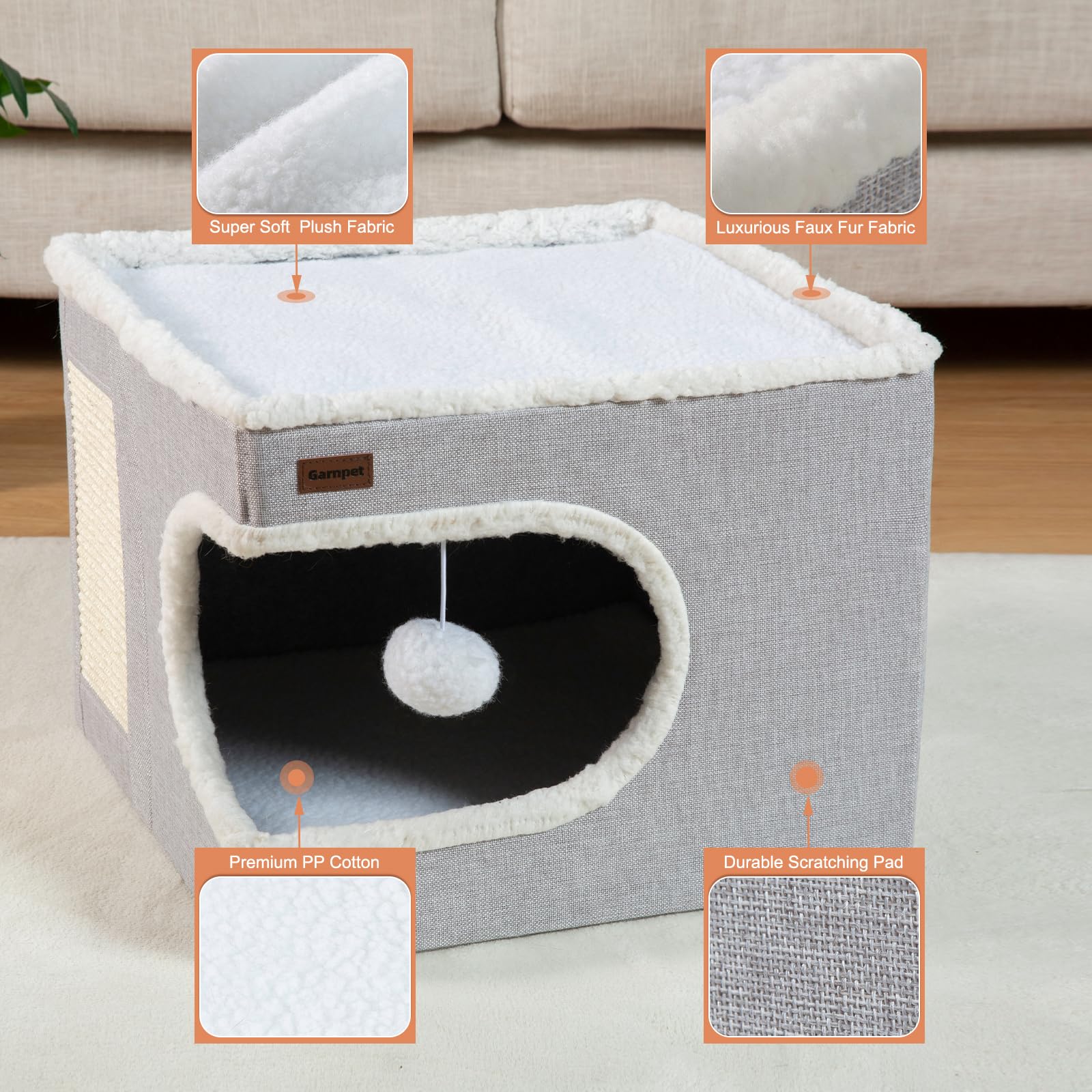 Garnpet Cat Bed for Indoor Cats Cube House, Covered Cat Cave Beds & Furniture with Scratch Pad and Hideaway Tent, Cute Modern Cat Condo for Multi Small Pet Large Kitten Kitty, Grey