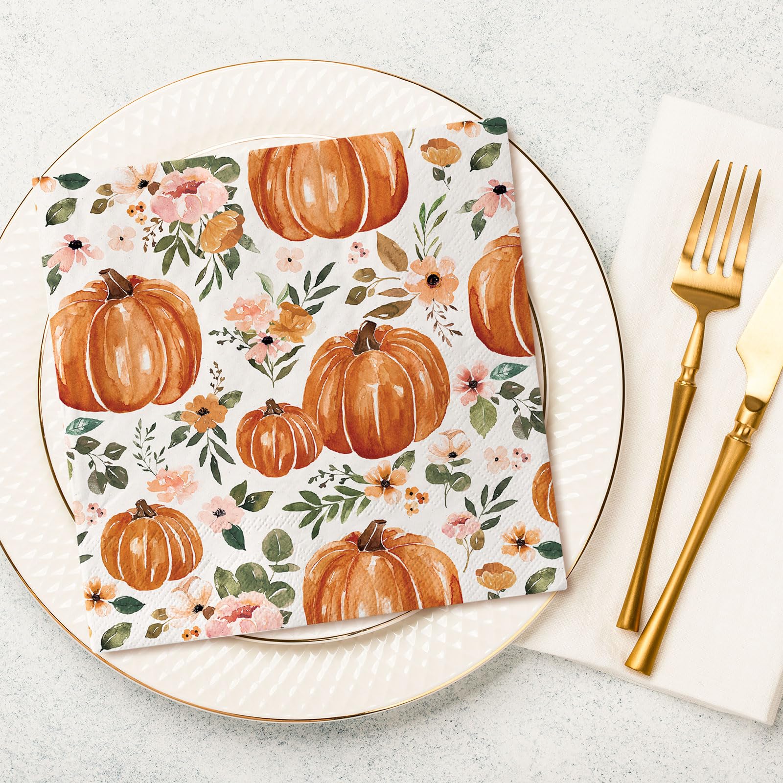 AnyDesign 80 Pack Fall Pumpkin Paper Napkins Watercolor Disposable Autumn Luncheon Napkins Boho Floral Pumpkin Dessert Dinner Hand Napkin for Thanksgiving Harvest Tea Party Supplies, 6.5 x 6.5 Inch