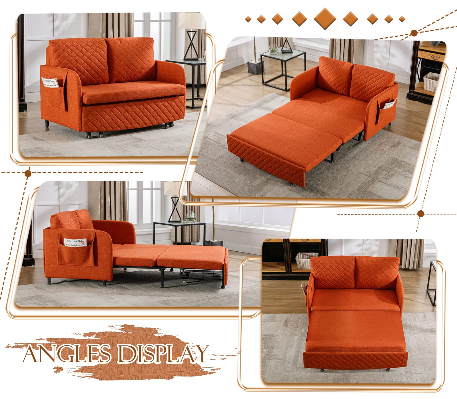 Pull Out Futon Sofa Bed, Convertible Small Loveseat Sleeper with Storage Drawer, 3 in 1 Futon Couch with Removable Pocket and 2 Pillows, Modern Love Seat for Living Room, Guest Room, Deep Orange