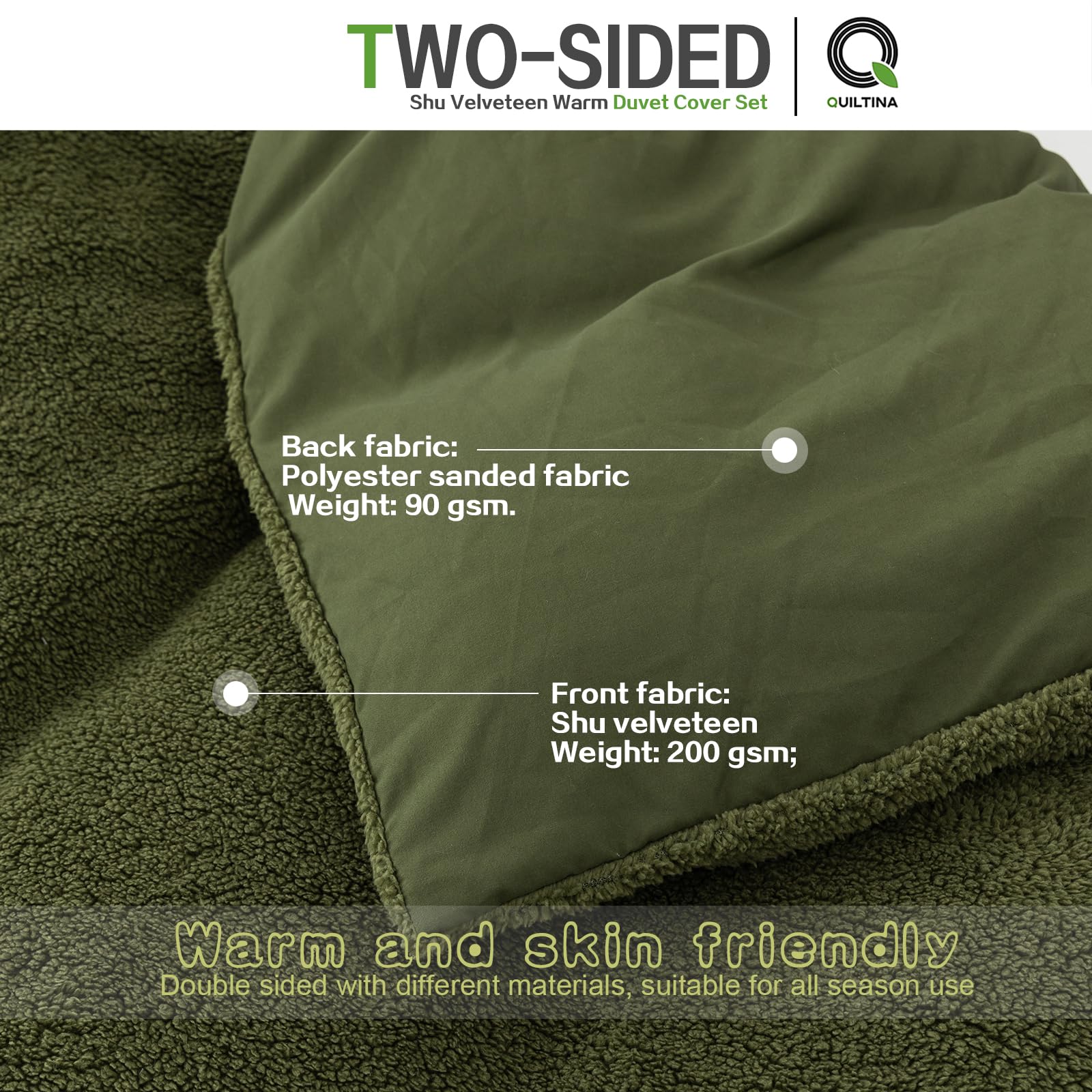 QUILTINA Shu Velveteen Warm Duvet Cover Set Queen Size with 2 Pillowcases, Coral Fleece Luxury Quilt Cover Anti-Static for Winter, Double Sided Velvet and Sanded Blanket, Army Green, 90" x 90"