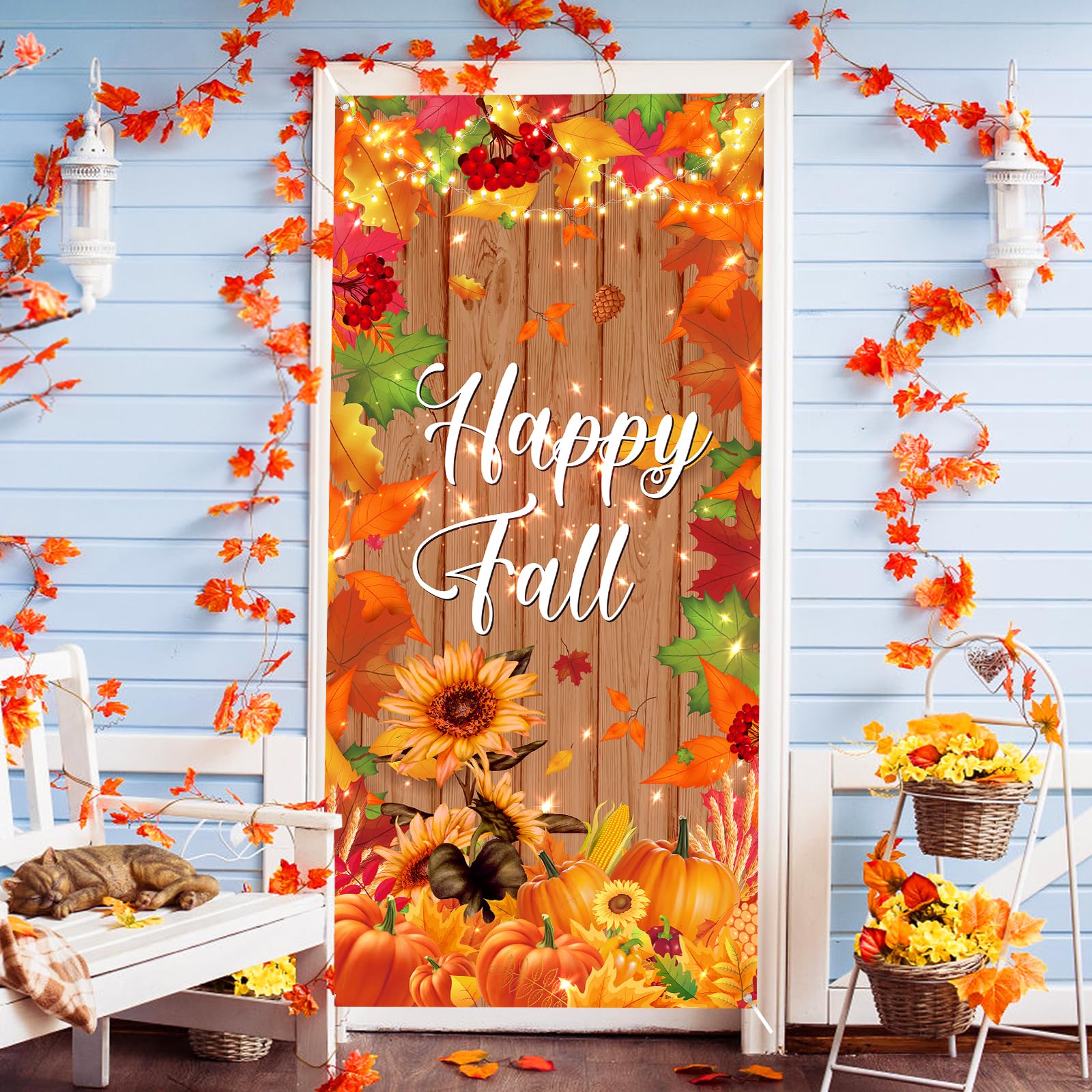 RUMIA Fall Party Door Banner Happy Fall Decorations Thanksgiving Door Cover Pumpkin Fall Backdrop Sign Party Supplies for Harvest Autumn Birthday Background Photo Booth Props Party Decor 73 x 36 inch