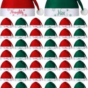 Leumoi 50 Pieces Naughty and Nice Plush Christmas Santa Hats Decorative Red and Green Christmas Hat Xmas Santa Hats for Adults Kids Women Men Funny Decoration Holiday Party Costume Supply