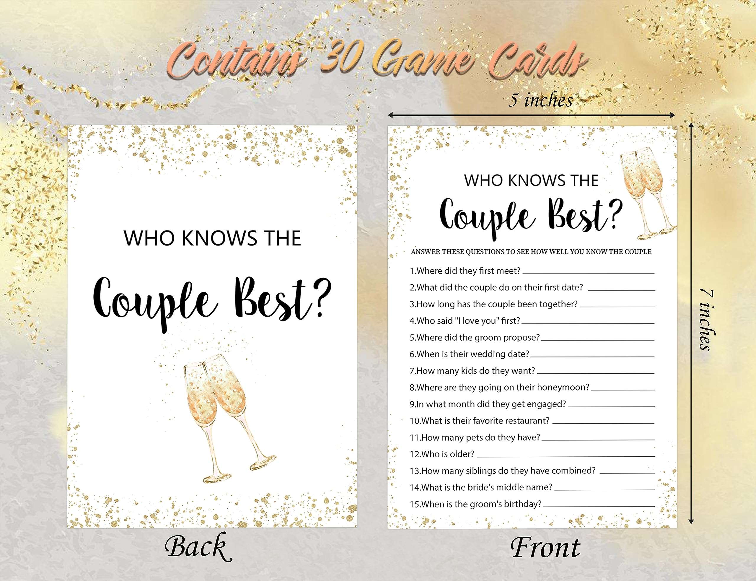 Who Knows The Couple Best Bridal Shower Game, Wedding Shower and Bachelorette Party - Set of 30 Cards, Gold Champagne Bridal Wedding Party Game Cards for Guests, Bridal Shower Party Decorations-LM1