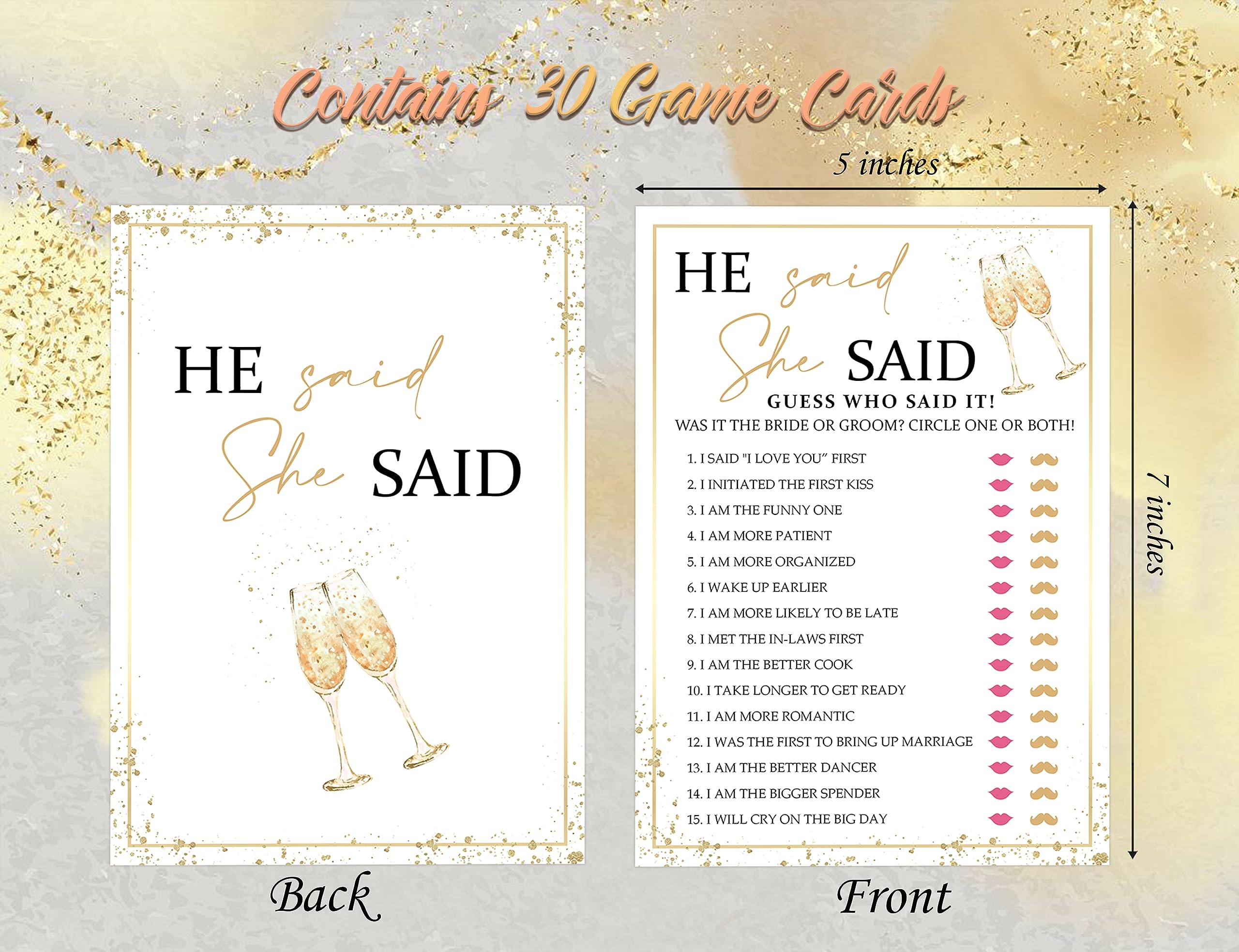 He Said She Said Bridal Shower Games, Wedding Shower and Bachelorette Party - Set of 30 Cards, Gold Champagne Bridal Wedding Activities Game Cards for Guests, Bridal Shower Party Decorations-LH1