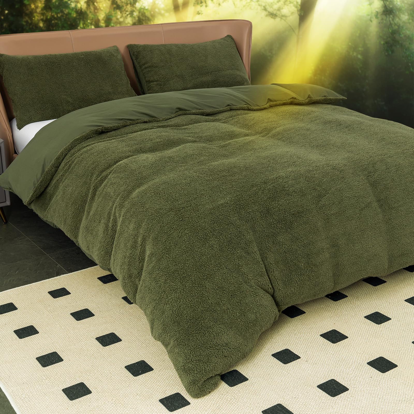 QUILTINA Shu Velveteen Warm Duvet Cover Set Queen Size with 2 Pillowcases, Coral Fleece Luxury Quilt Cover Anti-Static for Winter, Double Sided Velvet and Sanded Blanket, Army Green, 90" x 90"