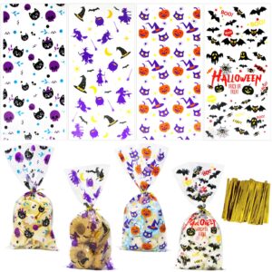 zmciner 120pcs halloween cellophane candy bags, halloween treat bags with twist ties for halloween party favor supplies