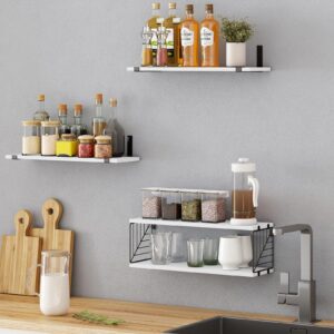 Fixwal 3+1 Tier Bathroom Floating Shelves Over Toilet, 15.8in Farmhouse Rustic Wood Shelves, Wall Decor for Bathroom, Living Room,Bedroom and Kitchen (White)