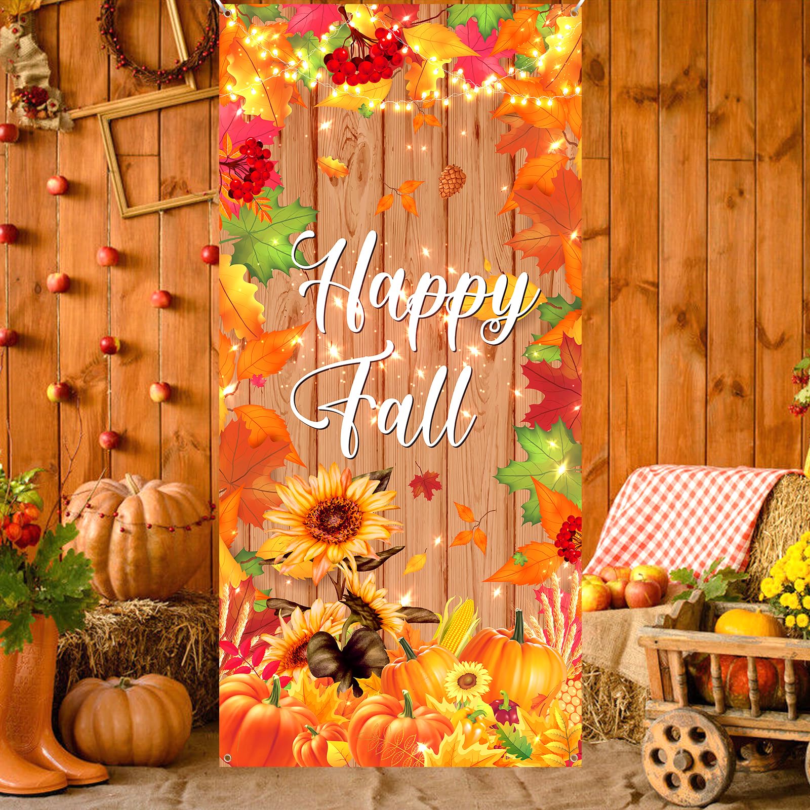 RUMIA Fall Party Door Banner Happy Fall Decorations Thanksgiving Door Cover Pumpkin Fall Backdrop Sign Party Supplies for Harvest Autumn Birthday Background Photo Booth Props Party Decor 73 x 36 inch