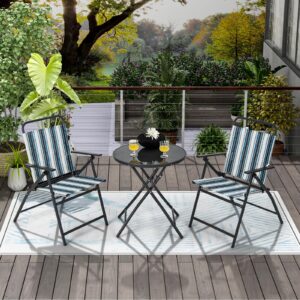 Giantex 3 Pcs Patio Bistro Set, Folding Table and Chairs Set, Metal Outdoor Dining Set with 2 Chairs, Glass Round Side Table, Conversation Furniture Set for Yard Porch Deck Backyard