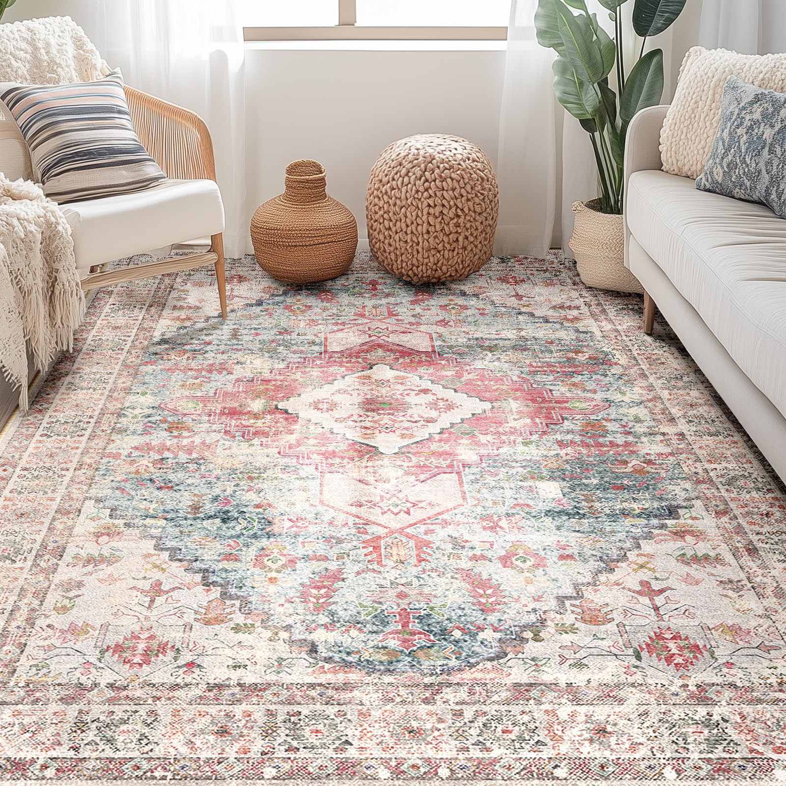 BESTSWEETIE Area Rug 5x7 Rugs for Living Room 5 x 7 Washable Rugs Non Slip Vintage Boho Living Room Rugs for Bedroom Dining Room, Distressed Pattern Carpet, Pink