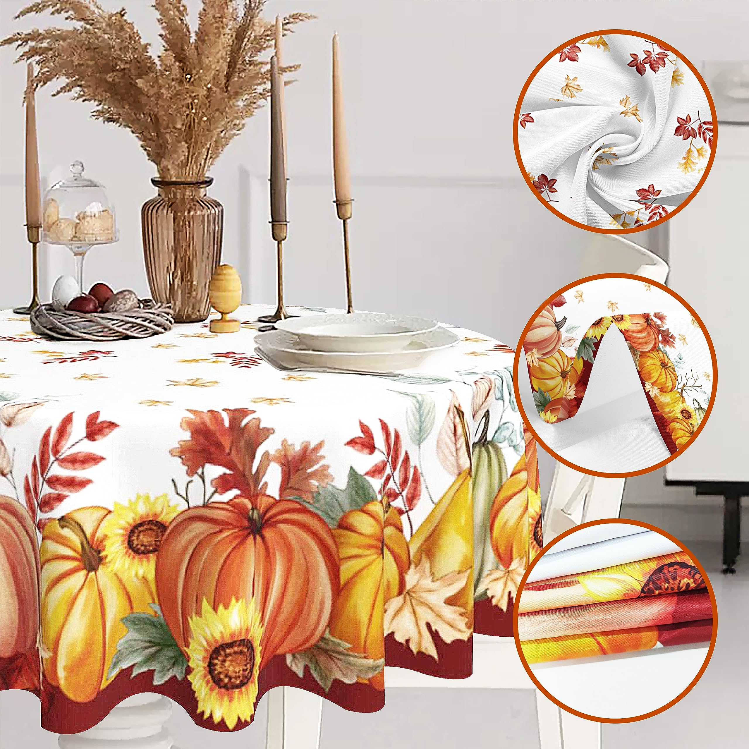 XUIUAN Fall Round Tablecloth Pumpkin Thanksgiving Dinner Table Decoration Autumn Leaves Print Harvest-Festival Seasonal Dining Table Cover Party Decor (60" x 60" Round)