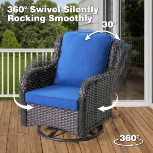 ovios Outdoor Furniture Set 10 Pieces Patio Conversation Set Rocking Swivel Chairs All Weather Rattan Wicker Sofa Couch for Backyard Porch Deck, Brown Wicker, Navy Blue