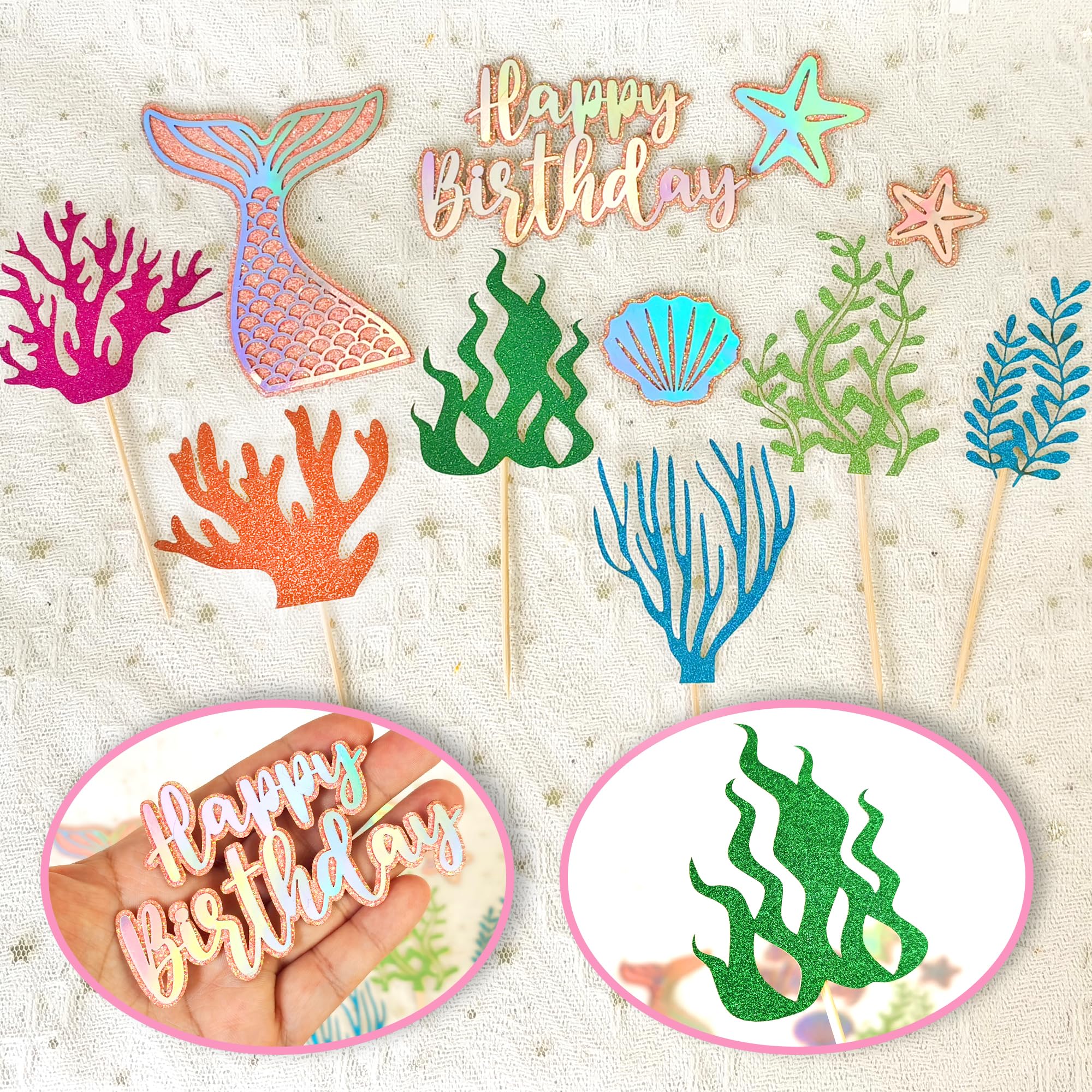 20 PCS Mermaid Cake Toppers with 3D Mermaid Seaweed Folding Fans Shell Starfish Cake Decoration for Kids Girls Birthday Party Baby Shower Supplies (STYLE1)