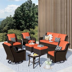 ovios outdoor furniture patio furniture set 8 pieces swivel rocking chairs all weather rattan wicker patio couch with side table,ottomans,chairs for porch,backyard,deck,brown wicker orange red