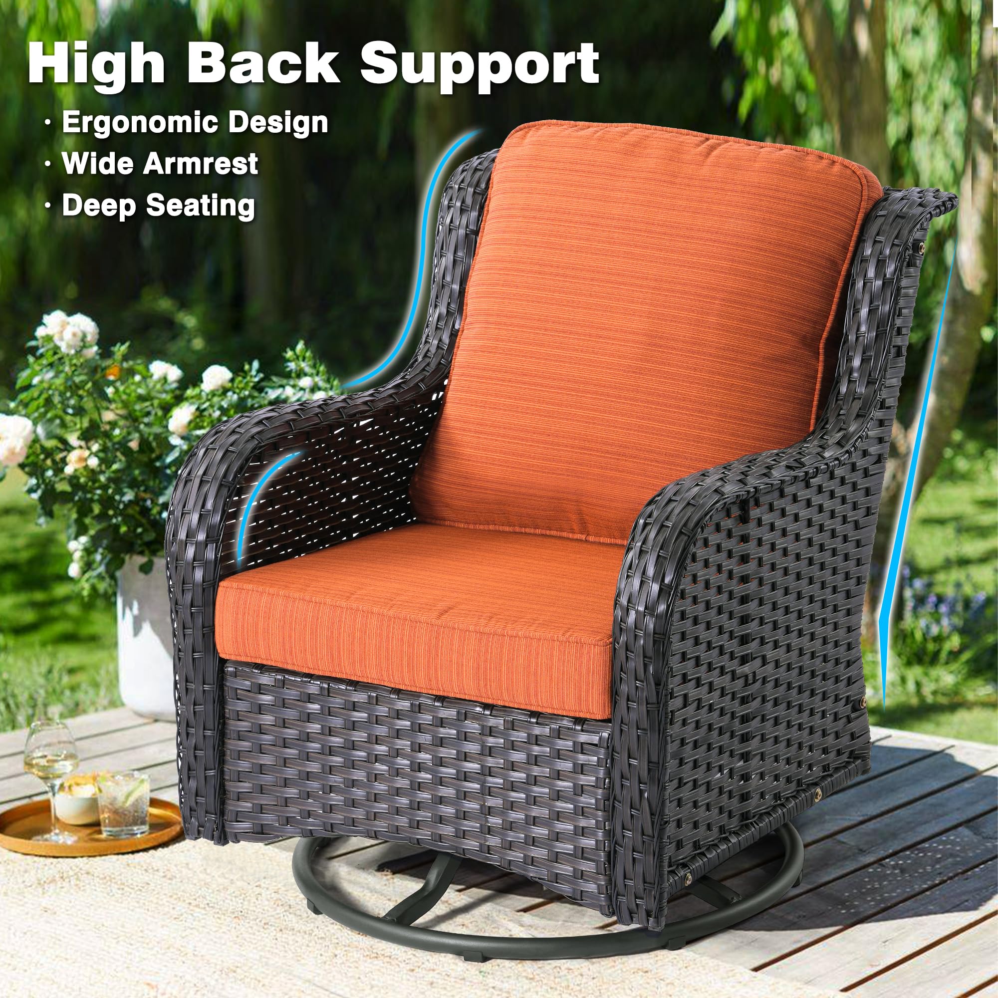 ovios Patio Furniture Set Outdoor Furniture 7 Pieces Swivel Rocking Chairs All Weather Wicker Patio Set with 50,000 BTU Square Propane Fire Pit Table for Garden Backyard,Brown Wicker Orange Red