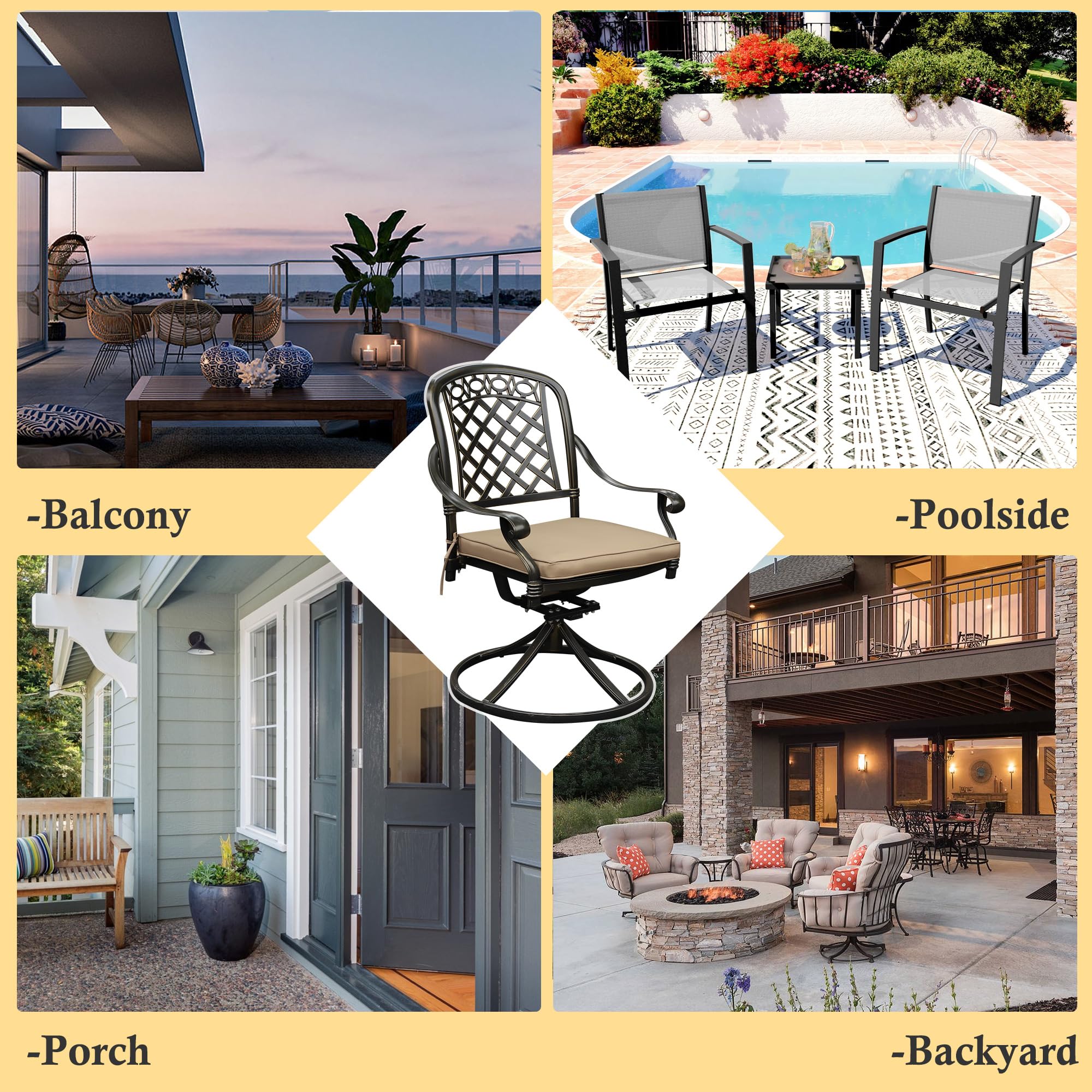 Sumshadow 6 Piece Cast Aluminum Outdoor Swivel Dining Chairs, All-Weather Patio Swivel Rocker Chair Sets with Cushion for Garden, Backyard, Poolside, Bistro