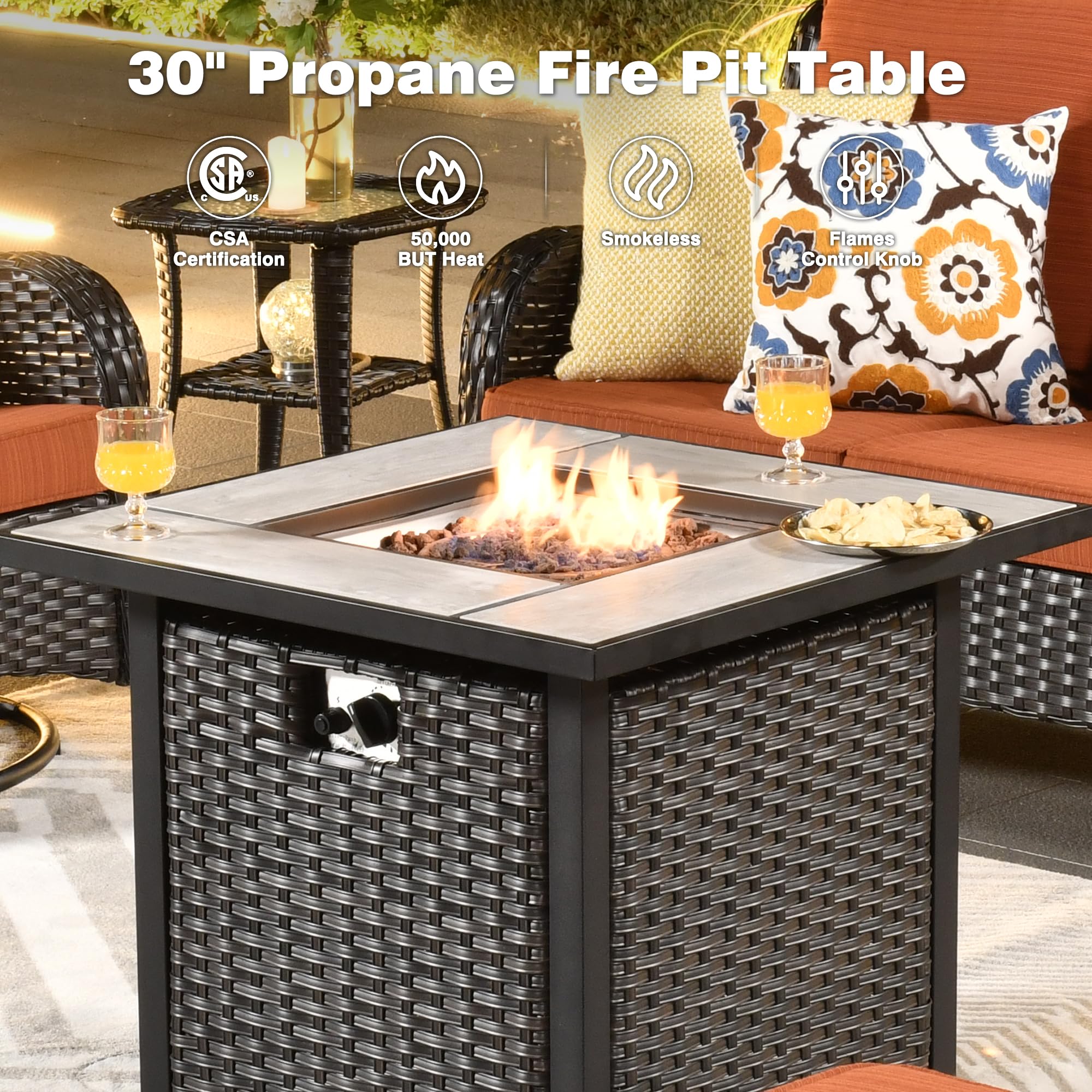 ovios Patio Furniture Set Outdoor Furniture 7 Pieces Swivel Rocking Chairs All Weather Wicker Patio Set with 50,000 BTU Square Propane Fire Pit Table for Garden Backyard,Brown Wicker Orange Red