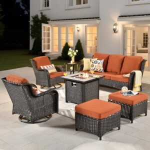 ovios patio furniture set outdoor furniture 7 pieces swivel rocking chairs all weather wicker patio set with 50,000 btu square propane fire pit table for garden backyard,brown wicker orange red