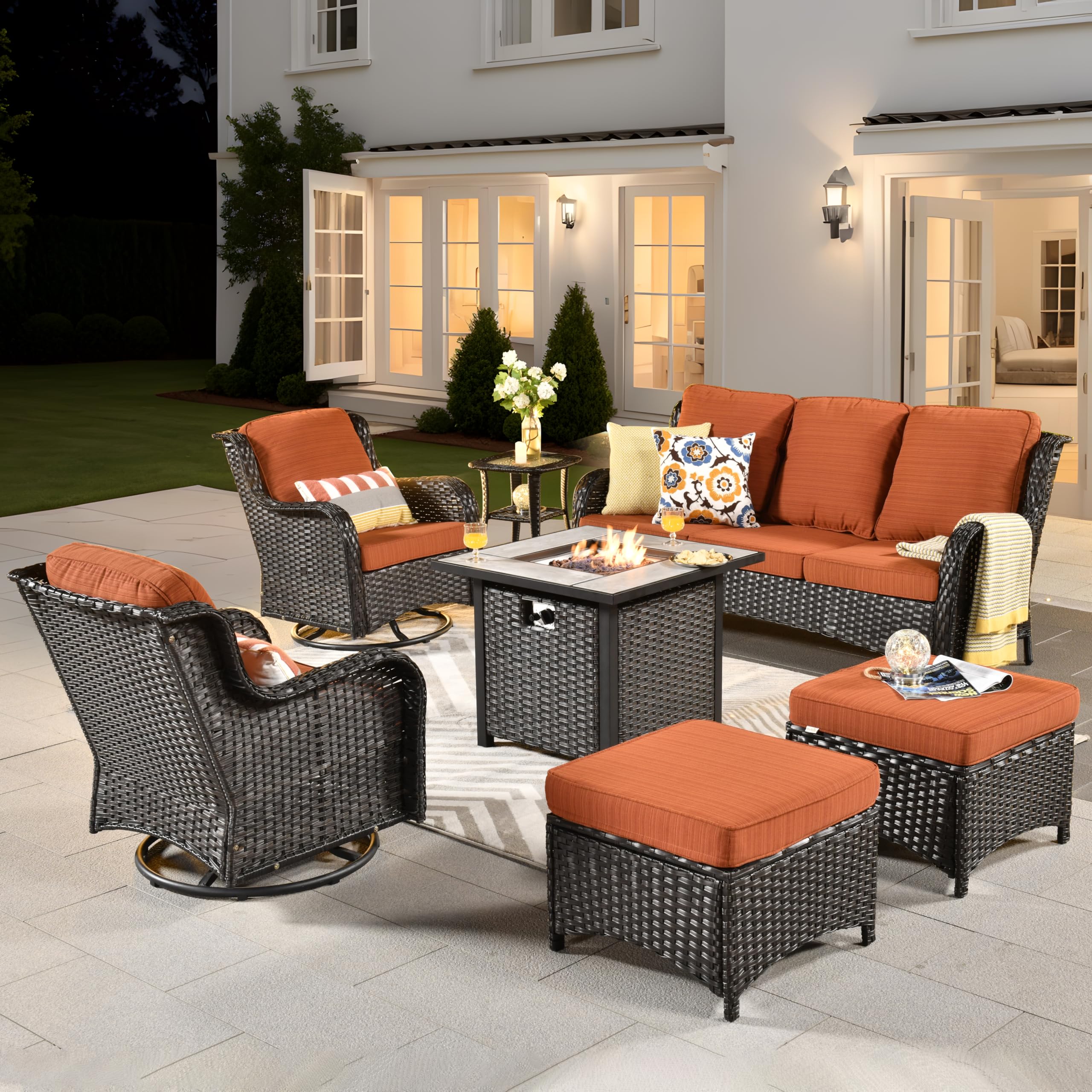 ovios Patio Furniture Set Outdoor Furniture 7 Pieces Swivel Rocking Chairs All Weather Wicker Patio Set with 50,000 BTU Square Propane Fire Pit Table for Garden Backyard,Brown Wicker Orange Red