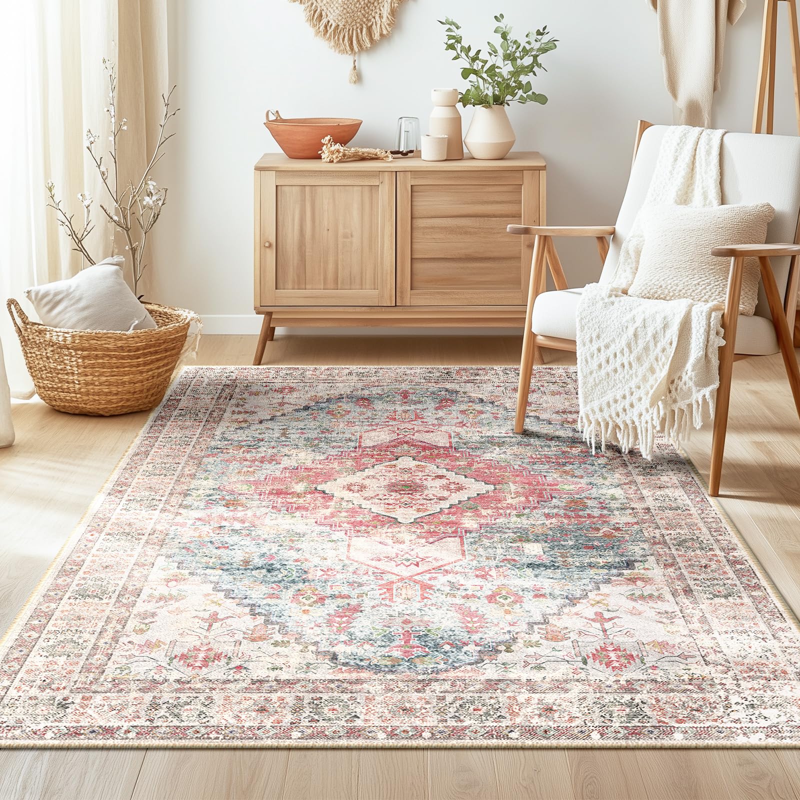 BESTSWEETIE Area Rug 5x7 Rugs for Living Room 5 x 7 Washable Rugs Non Slip Vintage Boho Living Room Rugs for Bedroom Dining Room, Distressed Pattern Carpet, Pink