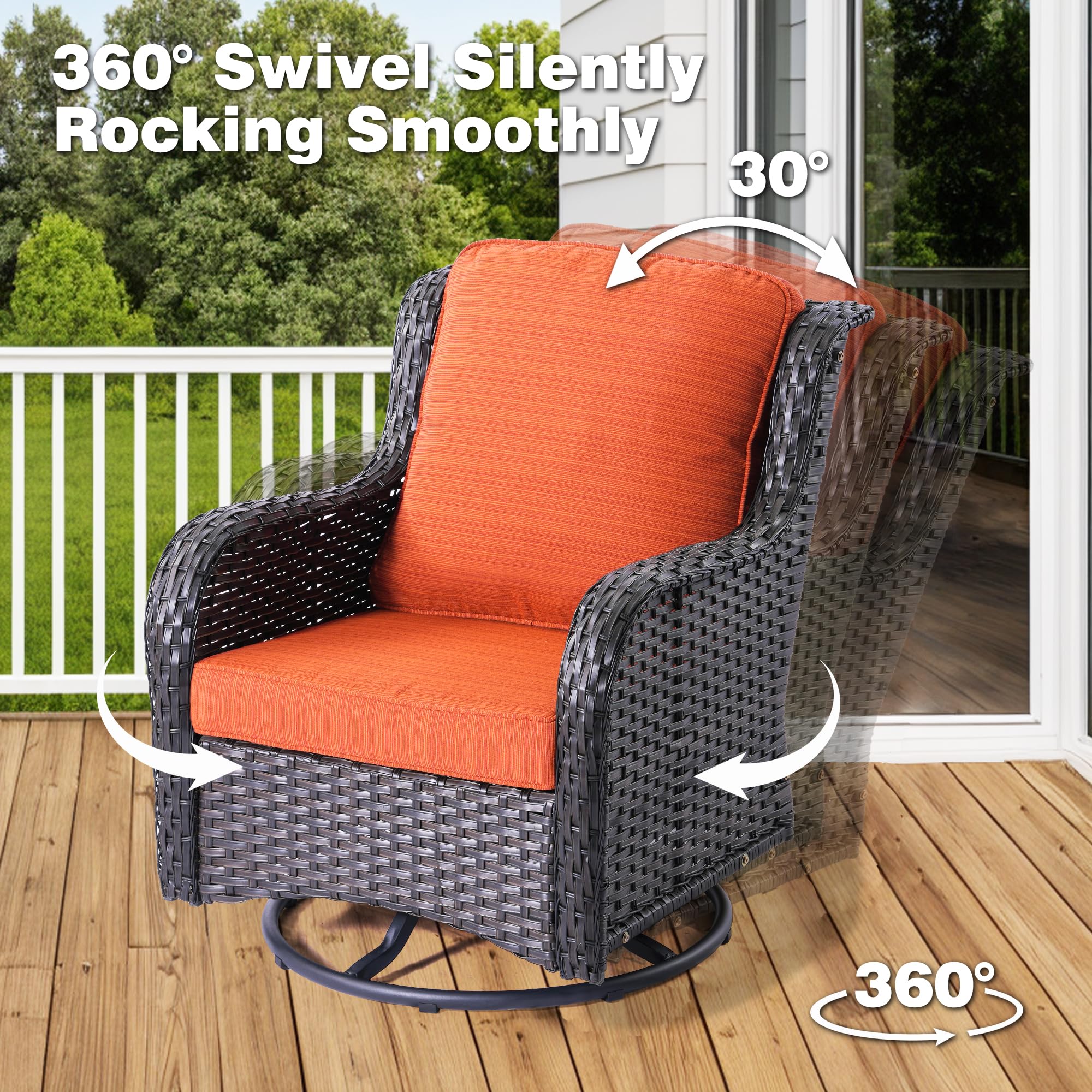 ovios Patio Furniture Set Outdoor Furniture 7 Pieces Swivel Rocking Chairs All Weather Wicker Patio Set with 50,000 BTU Square Propane Fire Pit Table for Garden Backyard,Brown Wicker Orange Red