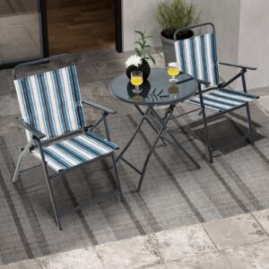 Giantex 3 Pcs Patio Bistro Set, Folding Table and Chairs Set, Metal Outdoor Dining Set with 2 Chairs, Glass Round Side Table, Conversation Furniture Set for Yard Porch Deck Backyard