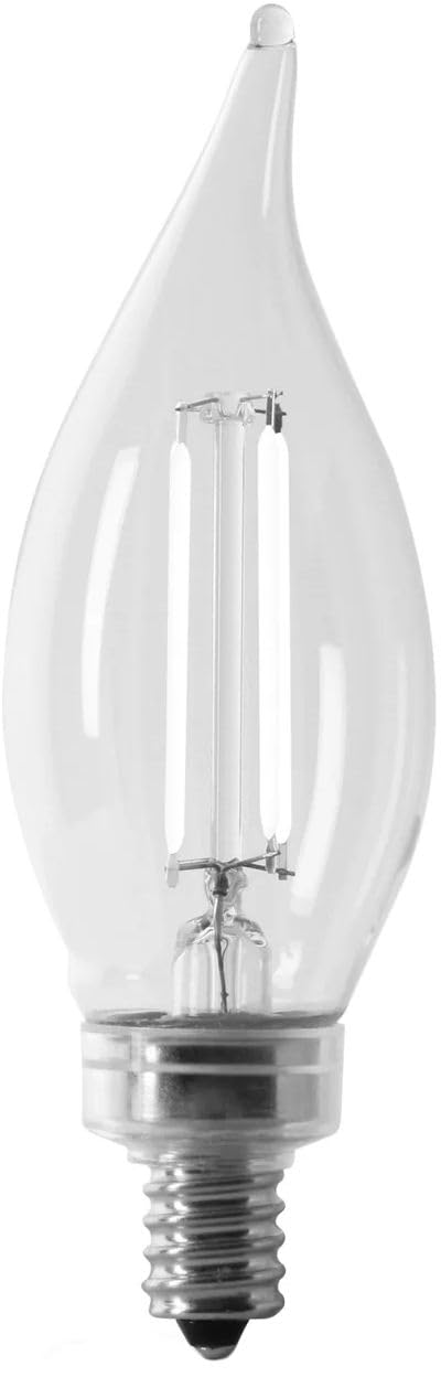 Feit Electric BPCFC60927CAWFIL/2 Soft White Flame Tip Exposed White Filament LED Bulb, Box of 2 Bulbs; 5.5W; 60W Equivalent; E12 Base; 2700K; 90 CRI; 500 Lumen; Glass Lens; 15000 Life Hours