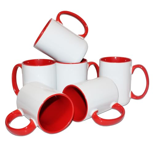 SDN CUSTOM 15 oz AAA Coated White Sublimation Ceramic Mug with Inner Color and Red Handle - Blank Ceramic Coffee Cups Set for Printing and DIY Gifts – Oven and Mug Press Compatible (6 Pack)