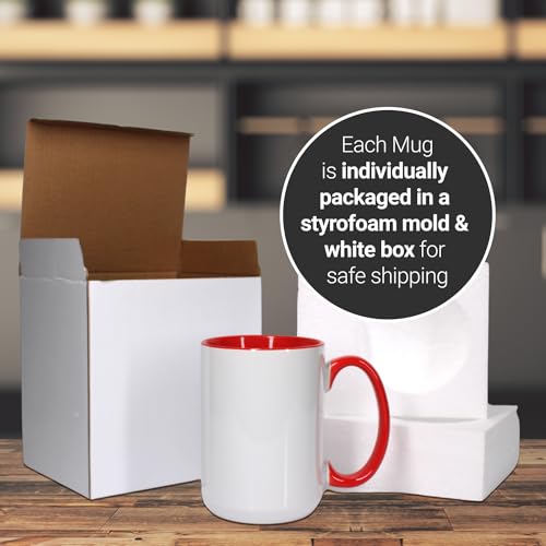 SDN CUSTOM 15 oz AAA Coated White Sublimation Ceramic Mug with Inner Color and Red Handle - Blank Ceramic Coffee Cups Set for Printing and DIY Gifts – Oven and Mug Press Compatible (6 Pack)