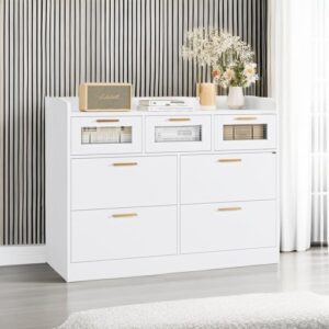 HOSTACK Modern 7 Drawer Dresser, White Dressser Chest of Drawers with Deep Drawers, Wide Wooden Dresser with Fluted Glass & Anti-Drop Fence for Living Room, Hallway, White