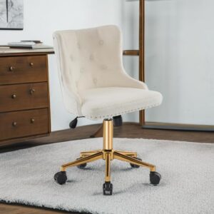 VINGLI White Teddy Fleece Armless Office Desk Chair with Gold Base/Wheels, Cute Vanity/Makeup Chair with Back for Bedroom, Upholstered Adjustable Rolling Swivel Nail Chair for Women/Girls