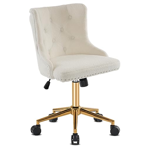 VINGLI White Teddy Fleece Armless Office Desk Chair with Gold Base/Wheels, Cute Vanity/Makeup Chair with Back for Bedroom, Upholstered Adjustable Rolling Swivel Nail Chair for Women/Girls