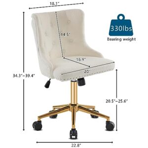 VINGLI White Teddy Fleece Armless Office Desk Chair with Gold Base/Wheels, Cute Vanity/Makeup Chair with Back for Bedroom, Upholstered Adjustable Rolling Swivel Nail Chair for Women/Girls