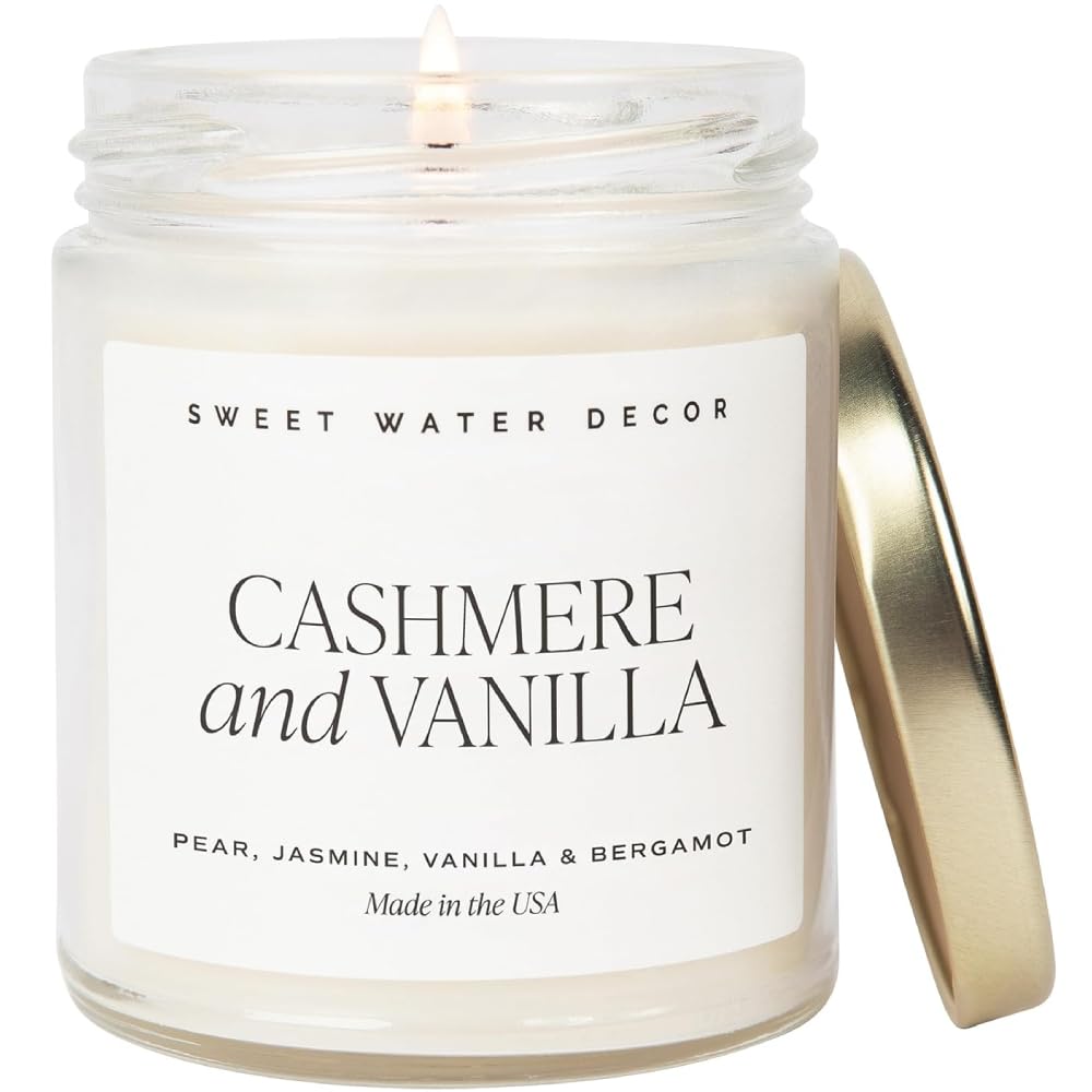 Sweet Water Decor Cashmere and Vanilla Soy Candle | Milky Coconut, Frangipani, and Soft Cashmere Scented Candles for Home | 9oz Clear Jar + Gold Lid, 40+ Hour Burn Time, Made in the USA