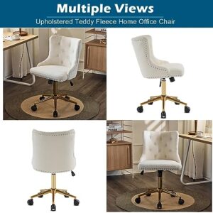 VINGLI White Teddy Fleece Armless Office Desk Chair with Gold Base/Wheels, Cute Vanity/Makeup Chair with Back for Bedroom, Upholstered Adjustable Rolling Swivel Nail Chair for Women/Girls