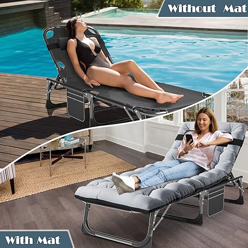 MOPHOTO Folding Chaise Lounge Chair 5-Position, Folding Cot, Heavy Duty Patio Chaise Lounges for Outside, Poolside, Beach, Lawn, Camping