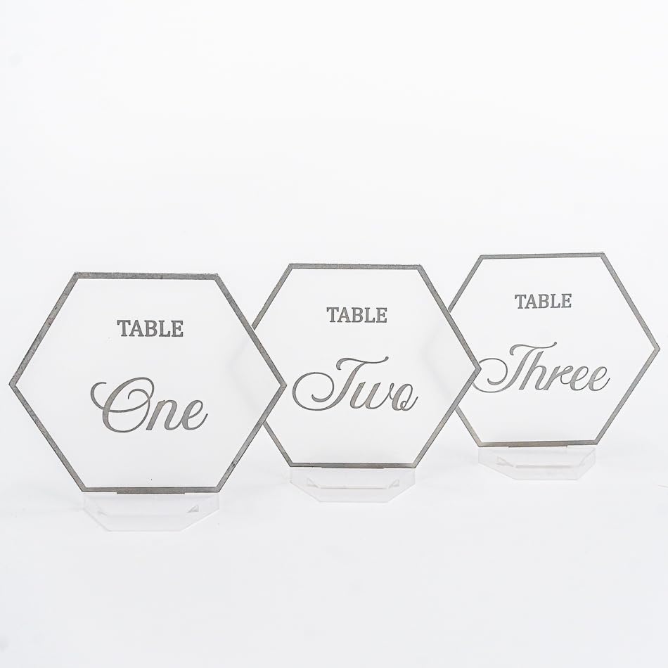 Wedding Table Numbers with Elegant Hexagon Design and Dark Silver Lettering, Table Numbers, Table Numbers For Wedding Reception, Acrylic Table Numbers, Hexagon Table Numbers, 1-30