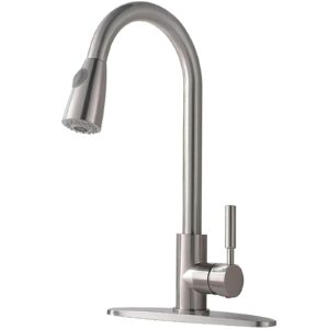 comllen single handle brushed nickel kitchen faucet, high arc stainless steel kitchen sink faucet with pull down sprayer, modern pull out faucet for kitchen sink with deck plate