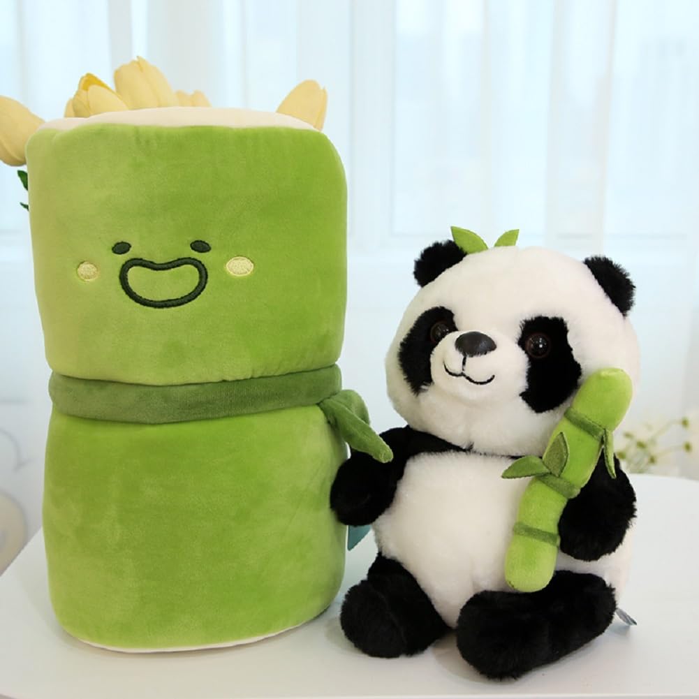 FEQOQO Panda Stuffed Animal Cute Panda with Bamboo Plush Doll Soft Panda Bear Plush Hugging Pillow for Kids Birthday Gifts