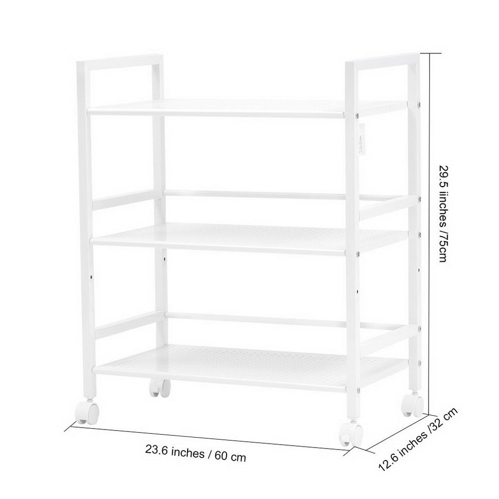 3-Tier Metal Storage Rack with Wheels - Heavy Duty Shelving Unit with Hooks - Microwave Stand Kitchen Rolling Cart - Garage Storage Rack - Multipurpose Utility Cart for Home Office Use - Ivory White