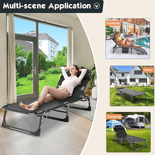 MOPHOTO Folding Chaise Lounge Chair 5-Position, Folding Cot, Heavy Duty Patio Chaise Lounges for Outside, Poolside, Beach, Lawn, Camping