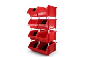 djc supply heavy duty thermoplastic storage bin organizer, stackable, hangable, side-connect (red (2 pack), large v2 8.4" x 14.5" x 6.9")