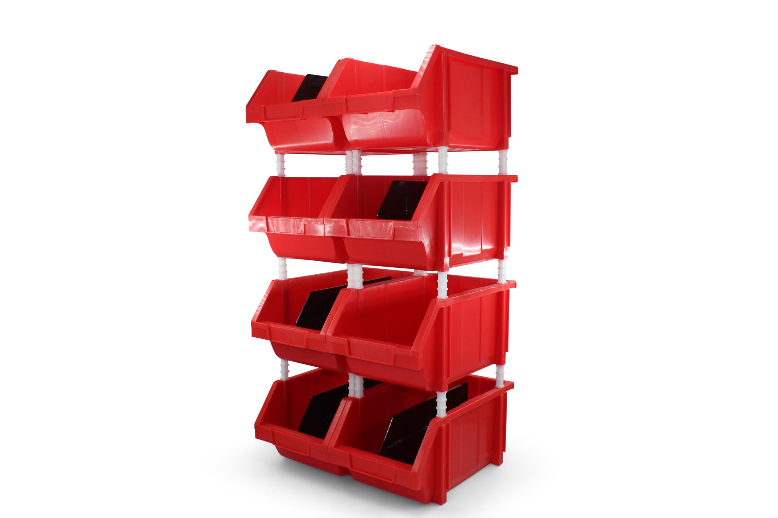 DJC Supply Heavy duty thermoplastic storage bin organizer, Stackable, Hangable, Side-connect (RED (2 PACK), LARGE V2 8.4" X 14.5" X 6.9")