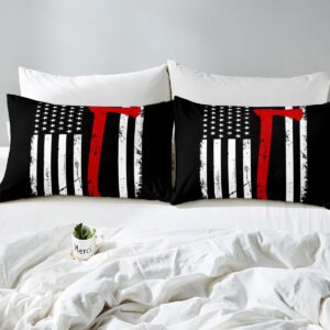 Firefighter Bedding Set Twin Size American Flag Bed Set for Girls Teens Bedroom Decor Kids Fireman Fitted Sheet Soft Microfiber Red Black White Bed Cover(1 Fitted Sheet+1 Pillow Case)