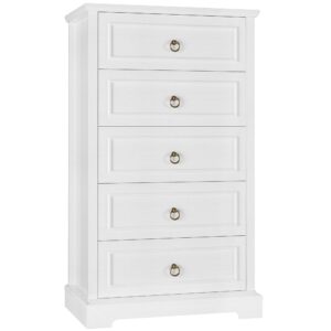 HOSTACK 5 Drawers Dresser, 44" Tall Dresser with 5 Drawers, White Chest of Drawers with Storage, Modern Farmhouse Wood Dressers for Closet, Living Room, Hallway