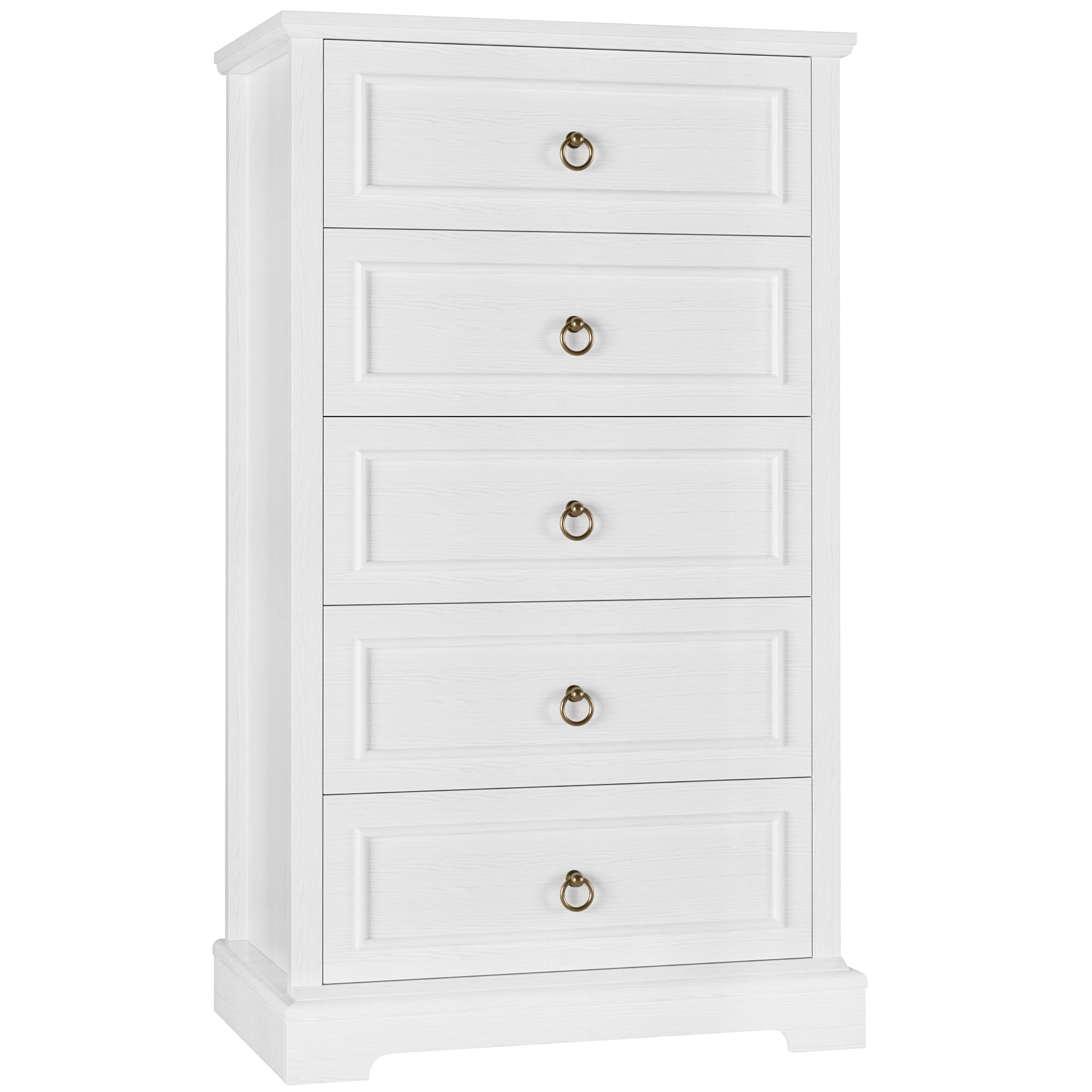 HOSTACK 5 Drawers Dresser, 44" Tall Dresser with 5 Drawers, White Chest of Drawers with Storage, Modern Farmhouse Wood Dressers for Closet, Living Room, Hallway